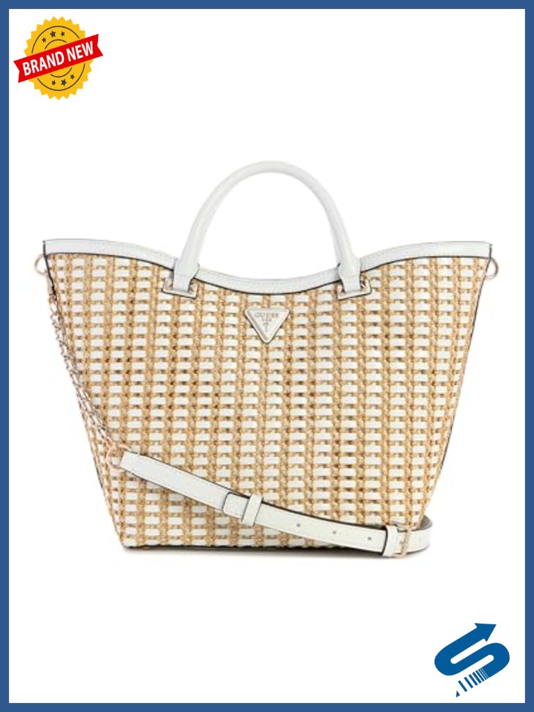 Raffia Tote With Faux Leather Trim, Magnetic Closure, 3 Compartments